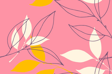 Floral pink background with blue and orange leaves. Leaves seamless pattern.