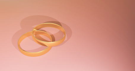 golden ring. two wedding rings. wedding pink background. 3D illustration