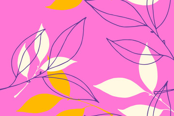 Fototapeta na wymiar Floral pink background with blue and orange leaves. Leaves seamless pattern.