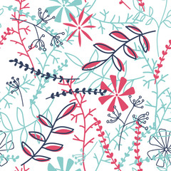 Floral white background with blue and pink leaves. Seamless pattern