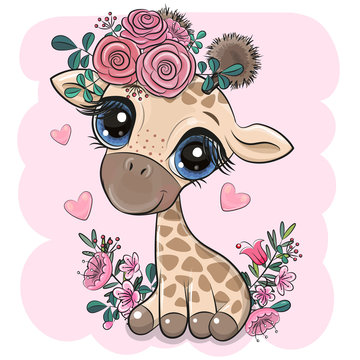 Giraffe with flowers on a pink background
