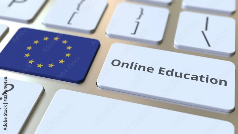 Aufkleber online education text and flag of the european union on the buttons on the computer keyboard. modern