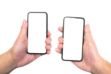 two hands holding blank screen smartphone isolated on white background with clipping path