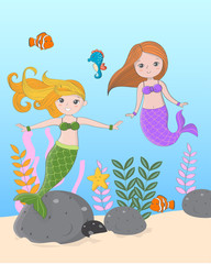 Illustration of mermaid and underwater animals