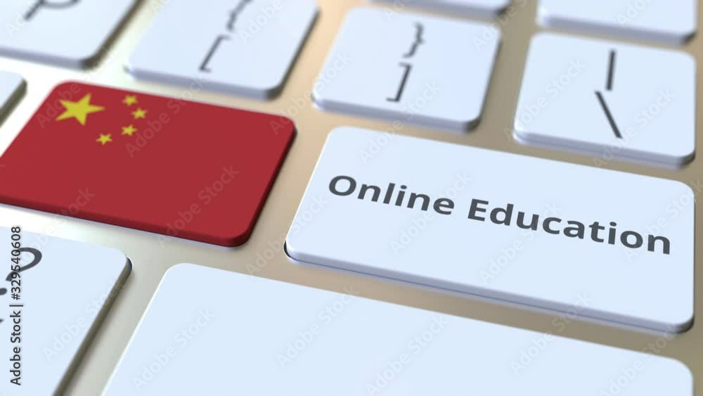 Poster online education text and flag of china on the buttons on the computer keyboard. modern professional