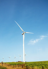 Fototapeta premium Windmills wind turbines farm power generators against landscape against blue sky in beautiful nature landscape for production of renewable green energy. Friendly industry to environment.