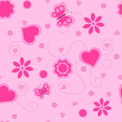 Vector drawing of a romantic background, hearts, flowers, butterflies, pink background, flat, pattern. Romance, packaging, gifts, holiday.