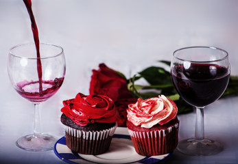 dessert during a romantic dinner date with wine poured into glass