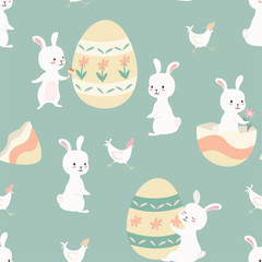 Easter pattern. Vector seamless texture with easter eggs, bunnies and chicken.