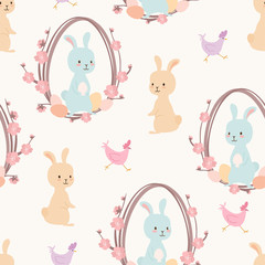 Easter pattern. Vector seamless texture with easter eggs, bunnies and chicken.