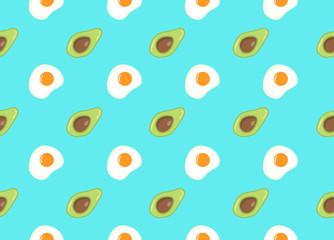 Vector seamless pattern on teal background with avocado and fried egg as a template for packaging, textile and web elements. Healthy eating and lifestyle. Weighy loss diets, veganism, vegetarianism
