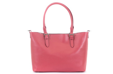 leather female coral bag with handle isolated on white background