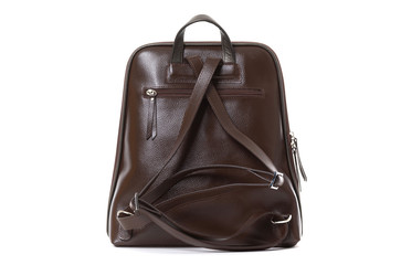 Naklejka premium leather brown women's backpack back side on a white background