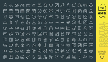 Rental property and Hotel icons set. Set of vector real estate rent, booking hostel,  ui pack house and flat rent, hotel web site rectangular line thin icon