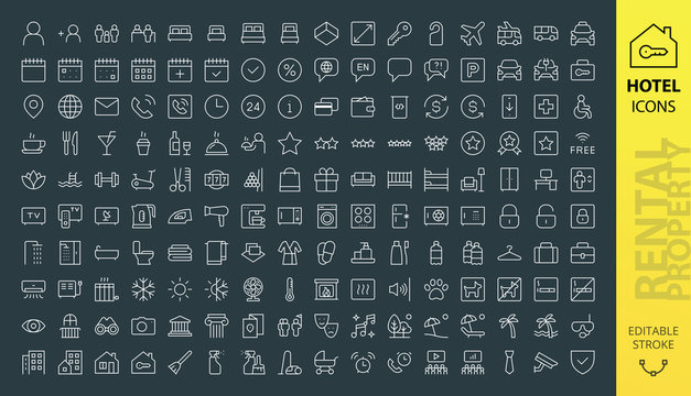 Rental property and Hotel icons set. Set of vector real estate rent, booking hostel,  ui pack house and flat rent, hotel web site rectangular line thin icon