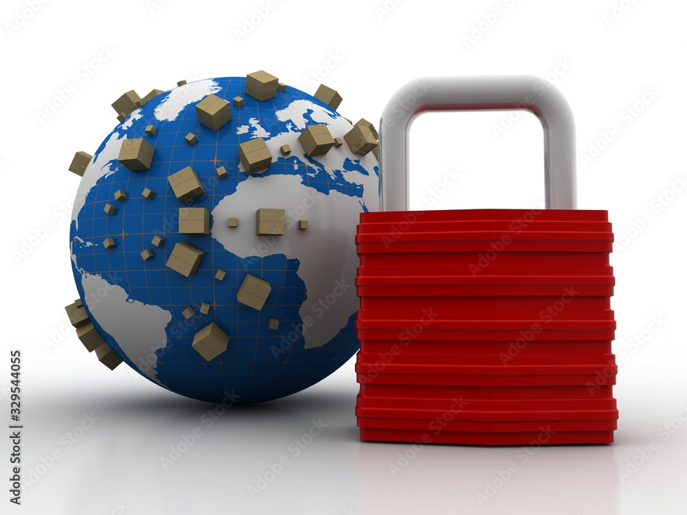 Poster 3d rendering cardboard boxes protected lock