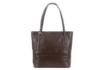 brown leather female bag on a handle on a white background