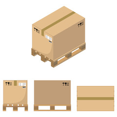 Cardboard box on a pallet. Top view, front and side view, isometric design. 3D Render. Vector illustration.