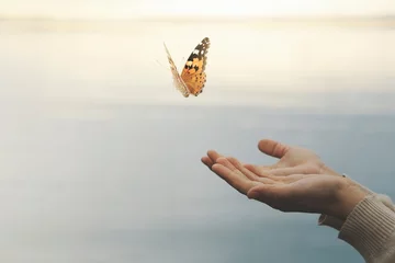 Foto op Plexiglas butterfly flies free from a woman's hand © Cristina Conti