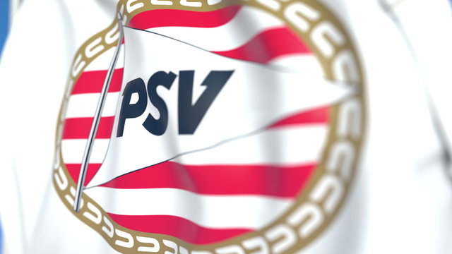 Waving flag with PSV Eindhoven football club logo, close-up. Editorial 3D rendering