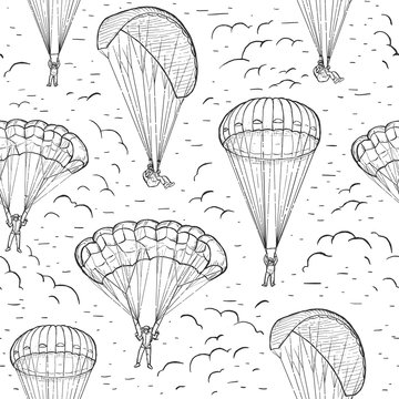 Extreme sports sketch seamless vector pattern. Hand drawn skydivers flying with a paraglider and parachute. Design for textile print, page fill, wrapping paper, web. Black line isolated on white