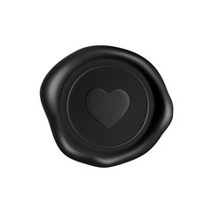 Wax seal heart. Black stamp wax seal with heart silhouette isolated on white background. Black stamp for a gift certificate, a postcard, a wedding invitation card. Realistic 3d vector icon