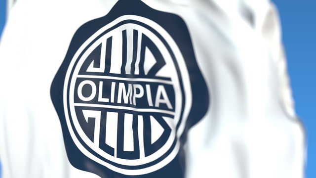 Flying flag with Club Olimpia football club logo, close-up. Editorial 3D rendering