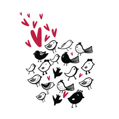 Birds and leaves patter. Flat illustration for your design. Card about love