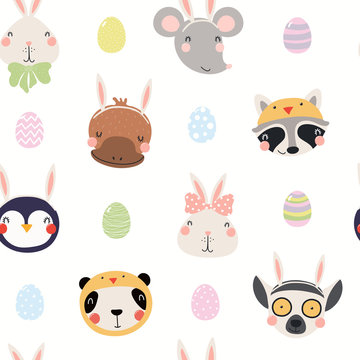 Hand drawn seamless vector pattern with cute animals in bunny, chick costumes, painted eggs, on white background. Scandinavian style flat design. Concept for Easter kids print, wallpaper, packaging.