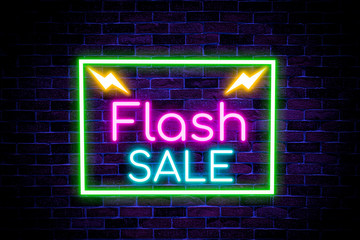 Fototapeta na wymiar Flash sale neon banner with Alarm clock symbol. night bright advertising, light banner. for discount,3d illustration.