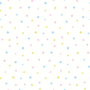 Hand drawn seamless geometric vector pattern. Pastel polka dots on white background. Scandinavian style flat design. Concept Easter, spring day kids textile print, wallpaper, wrapping paper, packaging