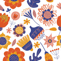 Seamless pattern with bright minimalistic flowers. Vector illustration on a white background.