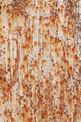 Beige peeling cracked paint on an old abandoned rusty stained sheet of metal. Abstract modern trendy texture background