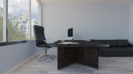Large doctor’s office in a business center with a large window. Lawyer consulting.. 3D rendering