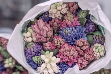 Beautiful bouquet of multi-colored hyacinths. Mother's day.