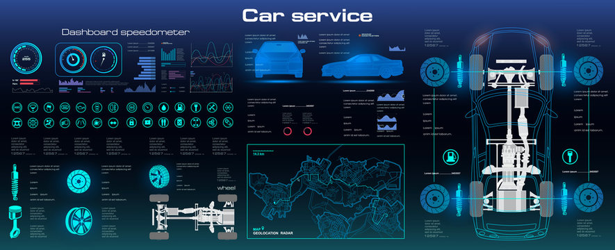 Car service with HUD elements. Complete vehicle chassis diagnostics. Futuristic car user interface. Car, scanning. Car service in the style of HUD