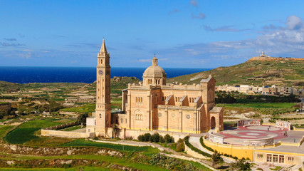 Obraz premium Famous Ta Pinu church on the Island of Gozo - Malta from above - aerial photography