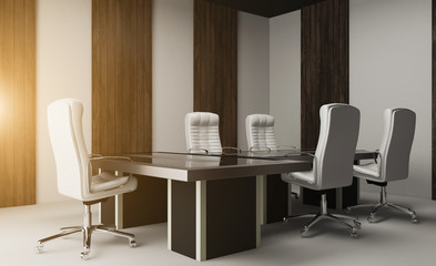 Large interior in an office building. modern design. 3D rendering.. Sunset