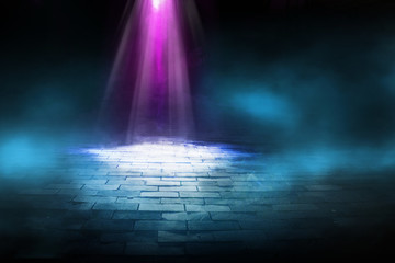 Fototapeta premium Empty background scene. Dark street reflection on wet asphalt. Rays of neon light in the dark, neon figures, smoke. Background of empty stage show. Abstract dark background.