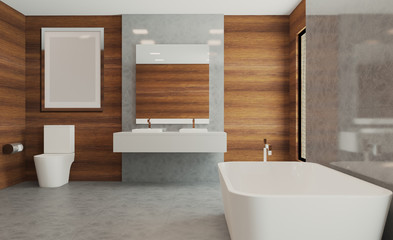 Fototapeta na wymiar Bathroom with wood paneling on the walls. modern sink. marble floor. 3D rendering.. Blank paintings. Mockup