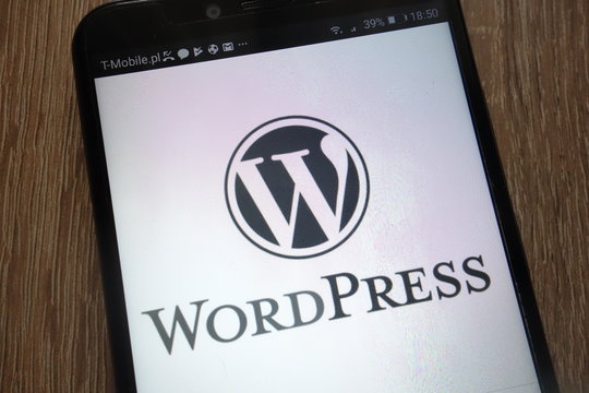 KONSKIE, POLAND - SEPTEMBER 01, 2018: WordPress logo displayed on a modern smartphone
