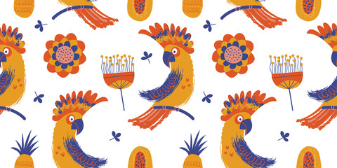 Seamless pattern on a white background. Colorful Cockatoo parrots among the flowers..