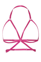 Subject shot of a pink textile body harness made as an open cup bra with plastic slider adjusters and hooks. The harness is isolated on the white background.  