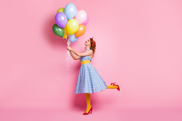 Summer positive travel weekend. Full length profile side photo positive lady hold baloons enjoy...