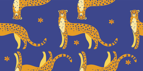 Seamless pattern. Cheetahs on a dark blue background.