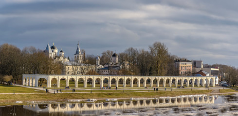Fototapeta premium Yaroslavovo Yard and Torg is a historical architectural complex on the Trade side of Veliky Novgorod.