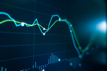 Stock market trading graph and candlestick chart on screen monitor for financial investment and economic concept.