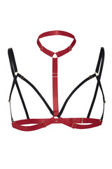 Subject shot of a textile body harness looks like an open cup bra with a choker. The harness is...