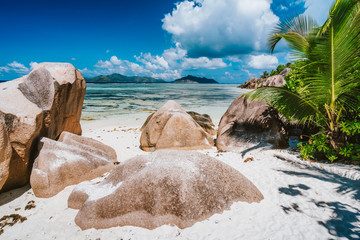 Anse Source d'Argent. Noon time on exotic paradise beach at La Digue sialnd, Seychelles