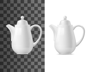Tea or coffee pot vector mockup. White ceramic or porcelain teapot 3d template, kitchen utensil or tableware realistic object with curved handle, lid and snout on transparent background